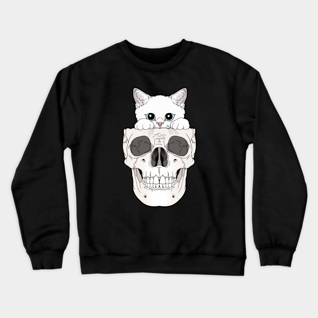 White Kitty & Skull Crewneck Sweatshirt by tiina menzel